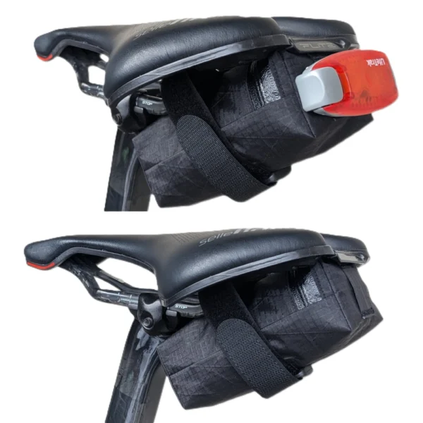 Bike saddle bag suitable for road, mountain, and gravel bikes, featuring waterproof materials and a compact design.
