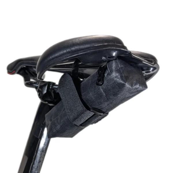 Custom-sized, black, waterproof bike saddle bag with reliable Velcro strap mounting.