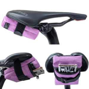 A customizable minimalist bike saddle bag with quick-access zipper, personalized for cyclist needs.