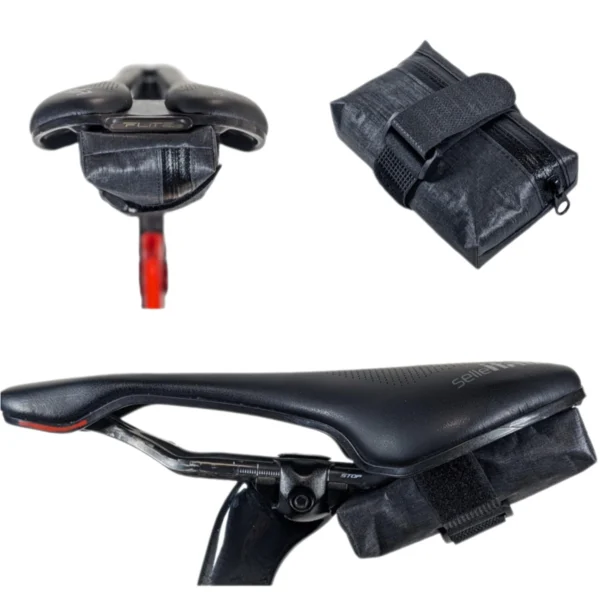 Lightweight and compact bike saddle bag with a low-profile design, perfect for road and mountain bikes.