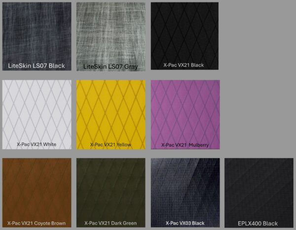 Swatches of X-Pac, EcoPak, and LiteSkin fabrics in multiple colors including Black, White, Mulberry, Spanish Teal, Federal Yellow, Dark Green, Coyote Brown – all lightweight, waterproof, and abrasion-resistant fabrics for custom bike and outdoor gear.