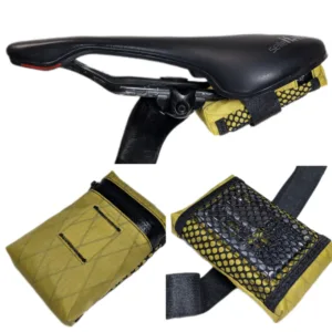 Handmade waterproof bike saddle bag with Velcro attachment and YKK zipper, shown in full view.