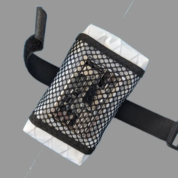 Close-up of the back multitool pocket on a handmade bike saddle bag, designed for easy access to tools while riding.