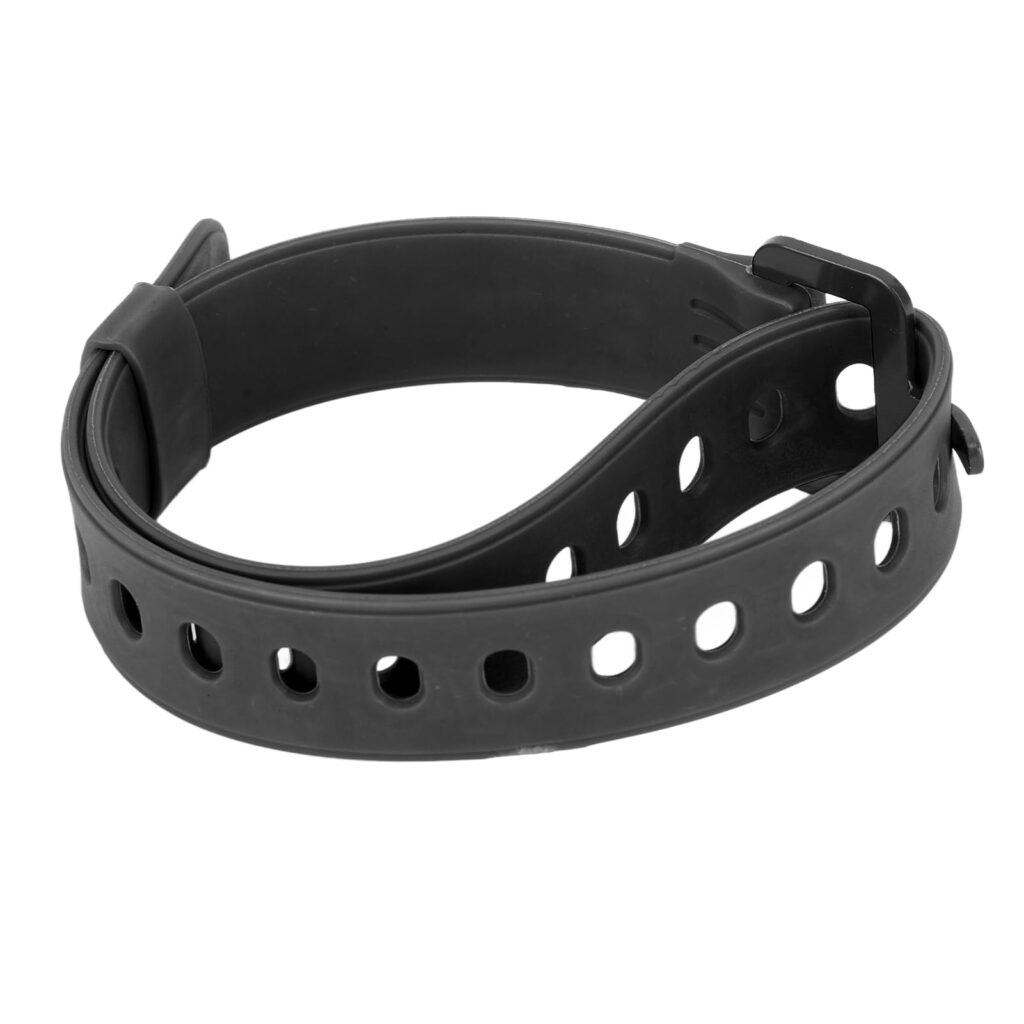 Close-up of a durable rubber cinch strap with aluminum buckle, designed for bike saddle bags and outdoor gear.