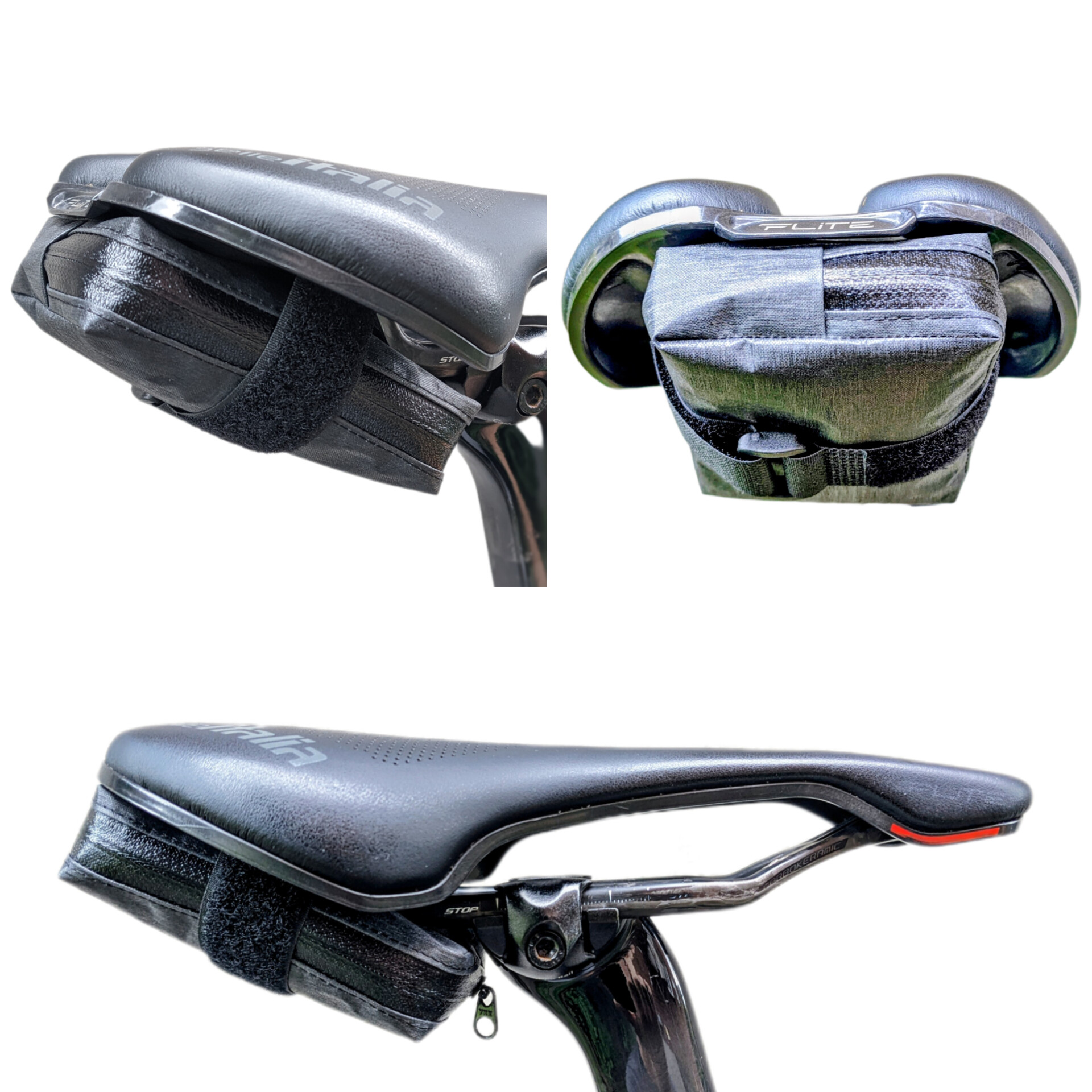 Collage of easy load/unload bike saddle bag showing multiple views.